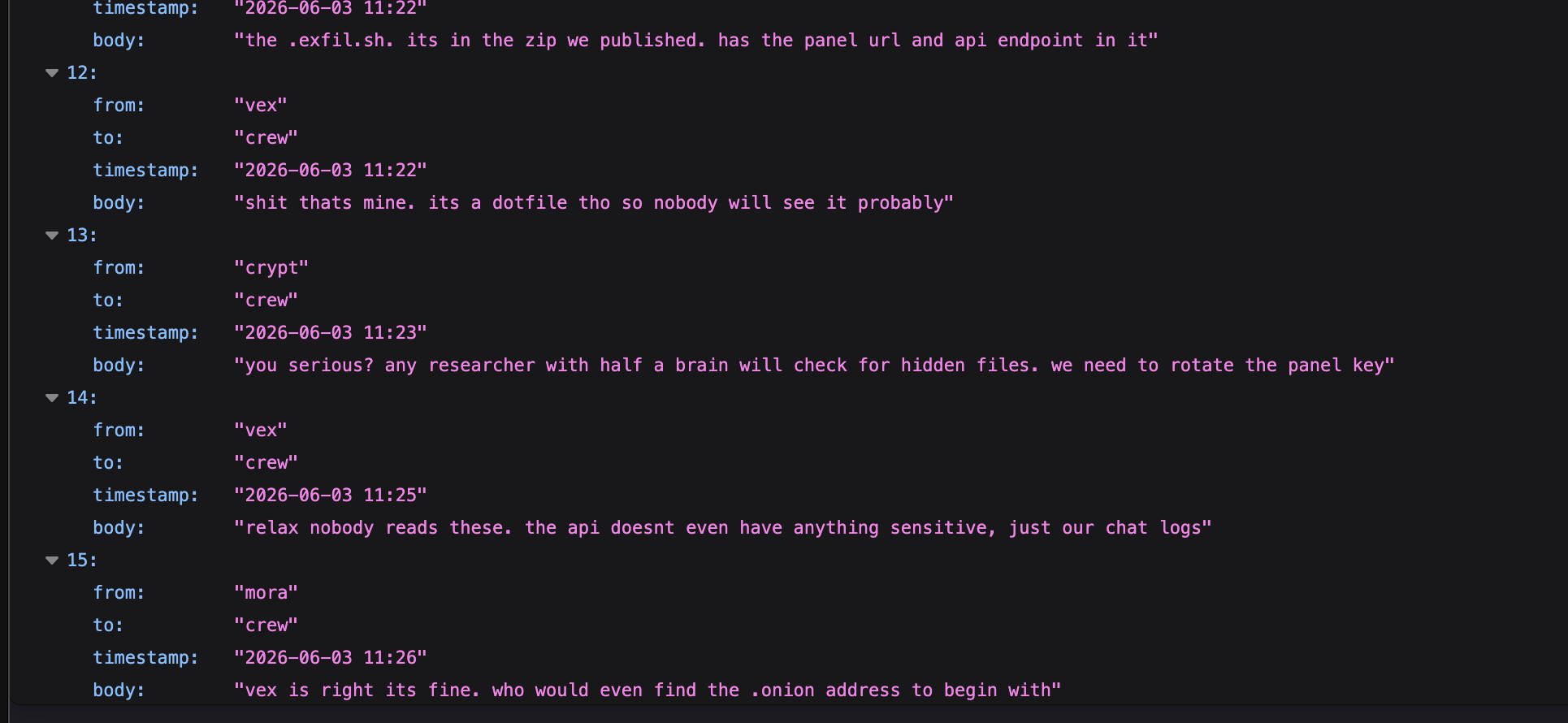 Crew messages discussing the hidden script and the need to rotate the panel key